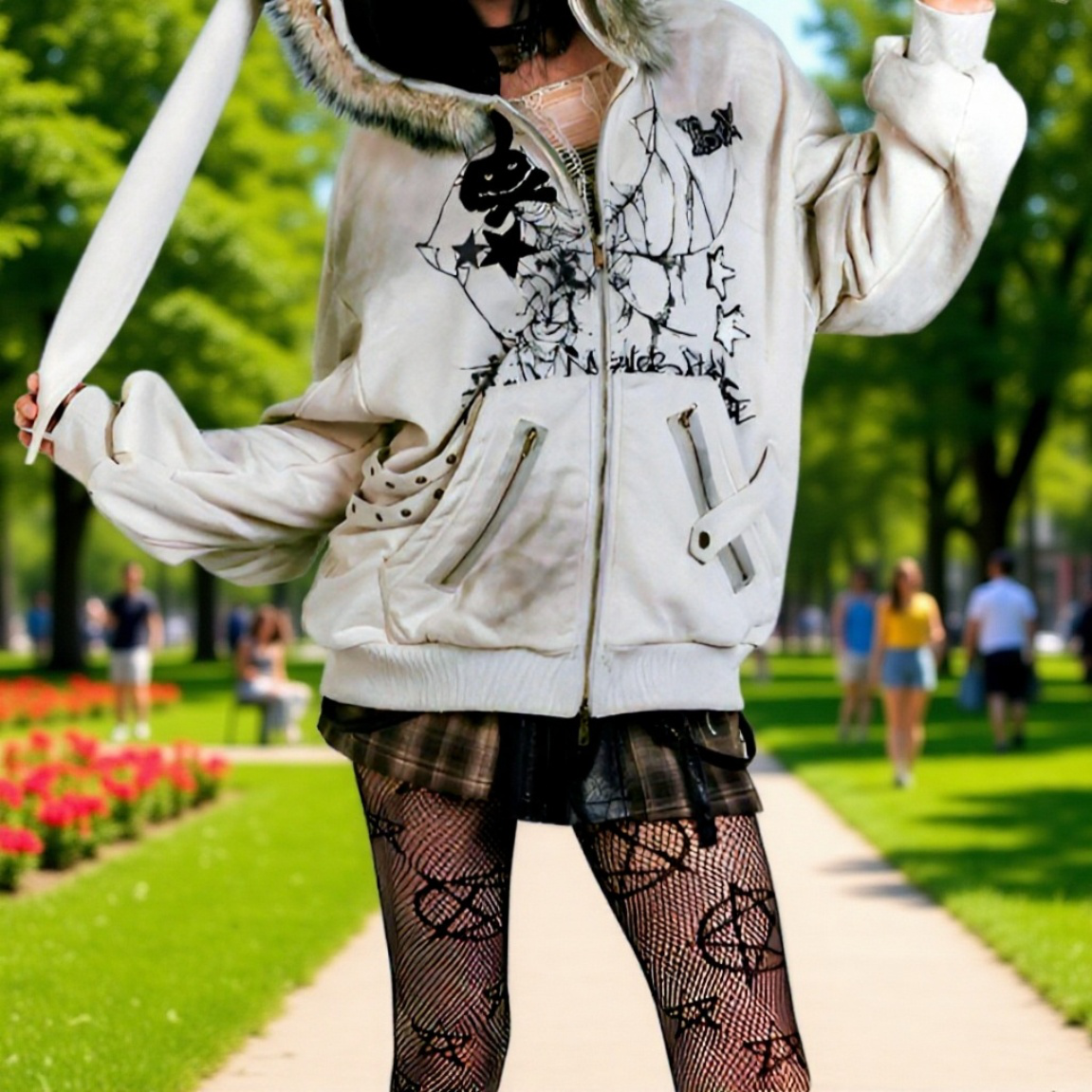 レトロアメリカン うさ耳フードパーカー 裏起毛 プリント入り レディースアウター 秋冬