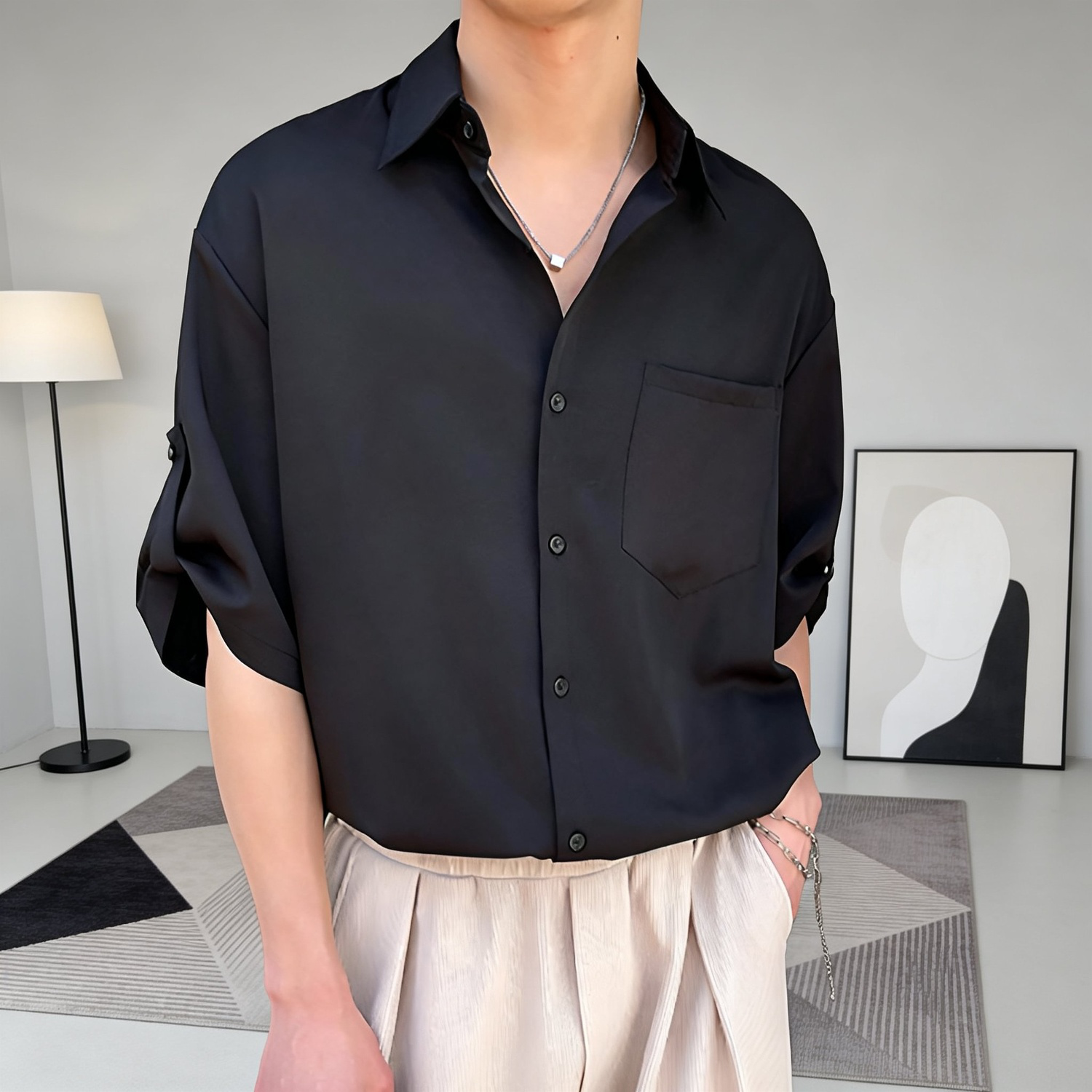 여름용 남성 아이스 실크 7부 소매 셔츠