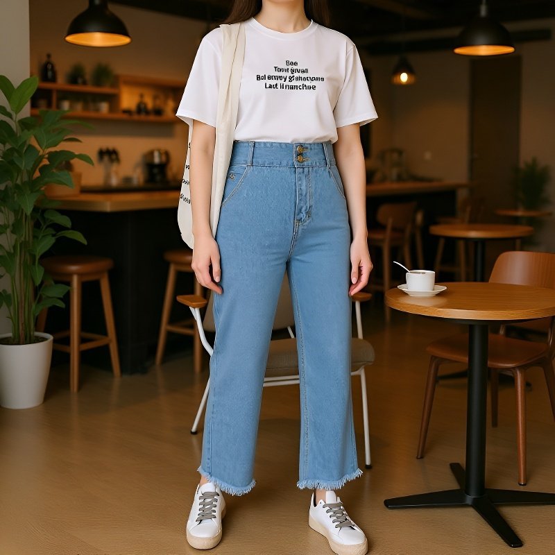 여성용 하이웨스트 와이드핏 데님 팬츠