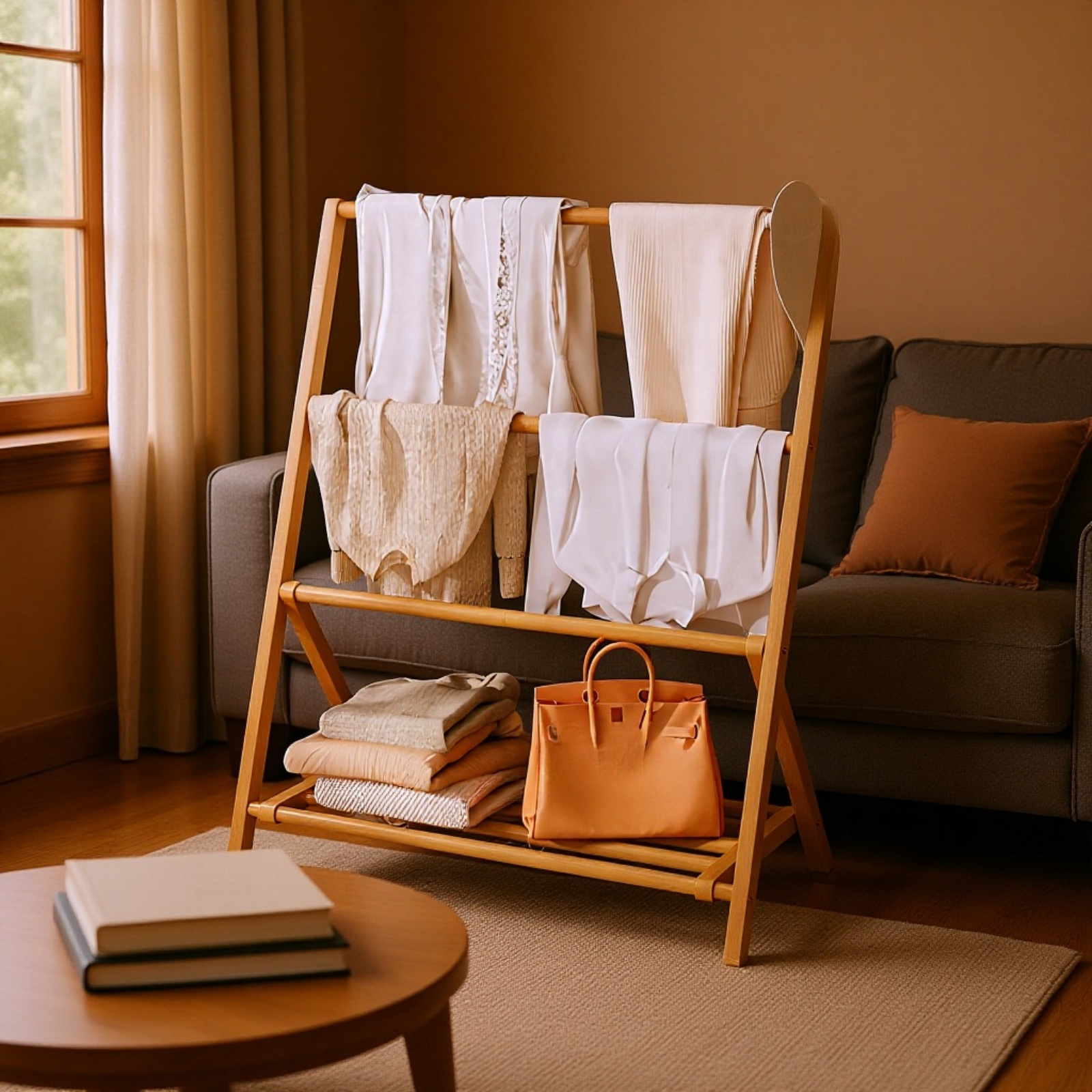 竹制折叠室内衣帽架 晾衣架  シンプル オシャレ 简易衣架 天然材质 无异味 方便收纳 一人暮らし 新生活応援