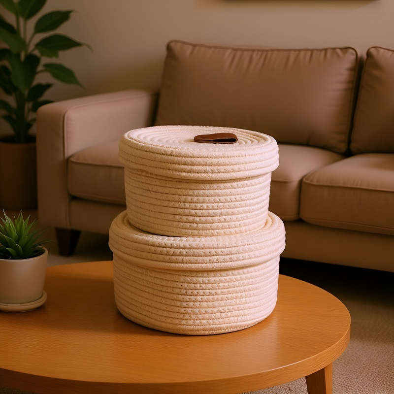 뚜껑이 있는 둥근 직조 수납 바구니