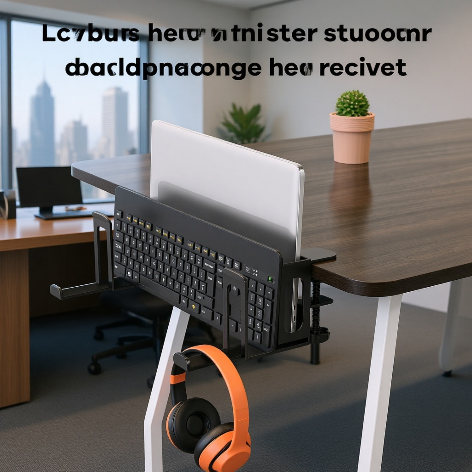 Laptop stand with side keyboard storage, includes headphone holder, handle hook, and tablet.