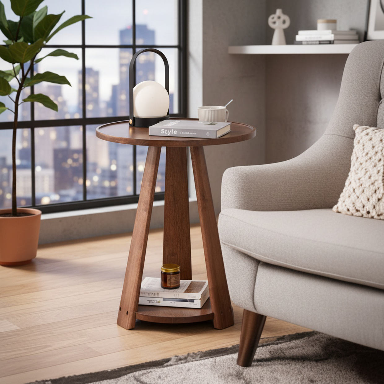 Nordic simple sofa side table home living room double layer small round table solid wood coffee tabl