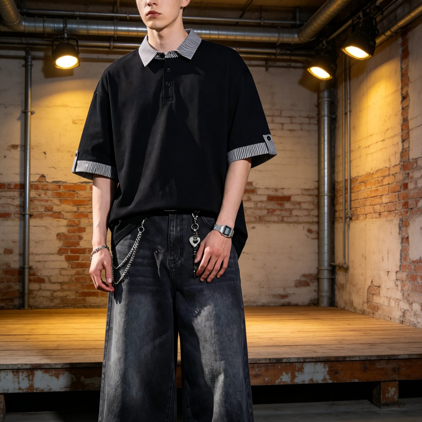 스타일리시한 커플 스트라이프 폴로 셔츠