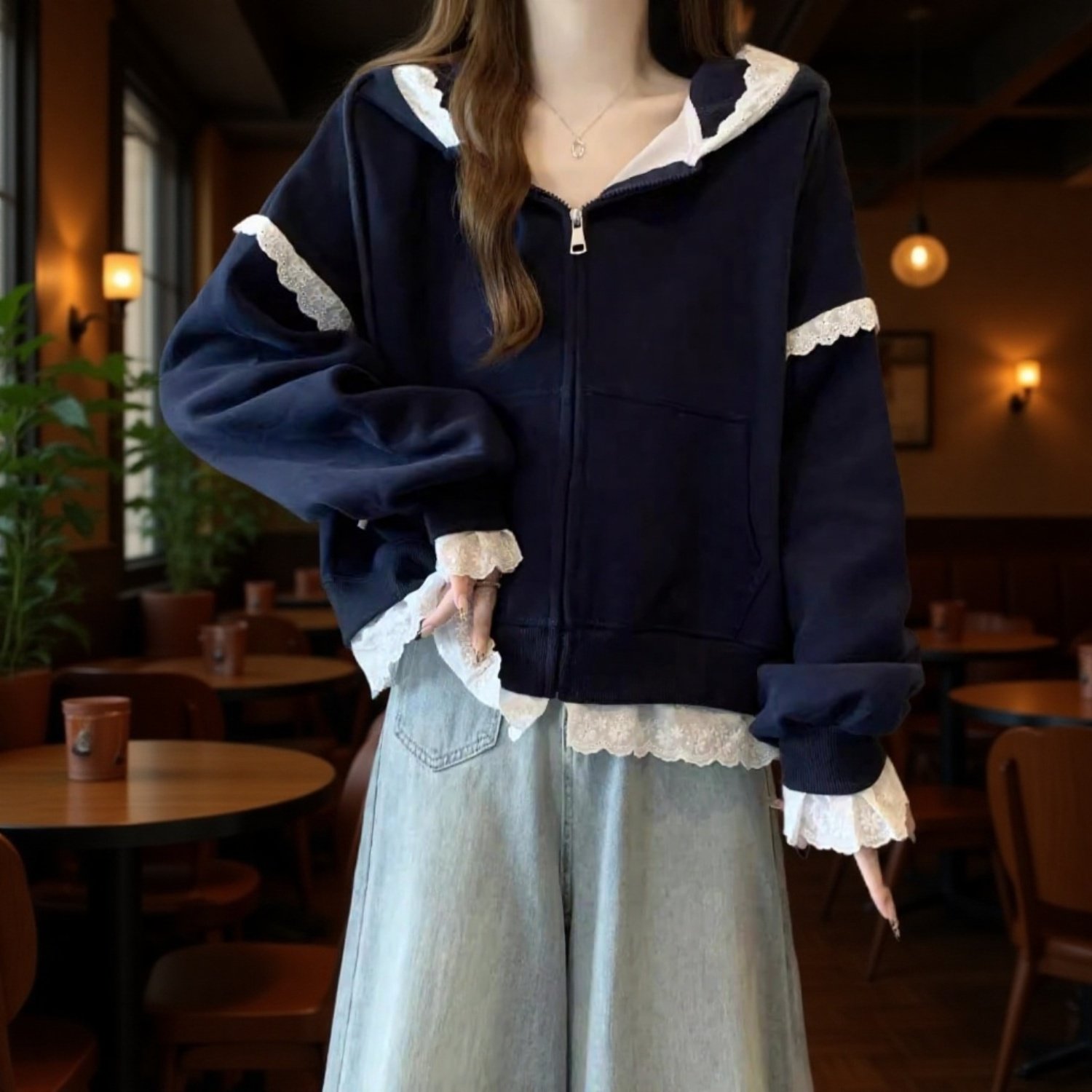 新作レースフード付きジップアップパーカーぽっちゃり体型カバー上着