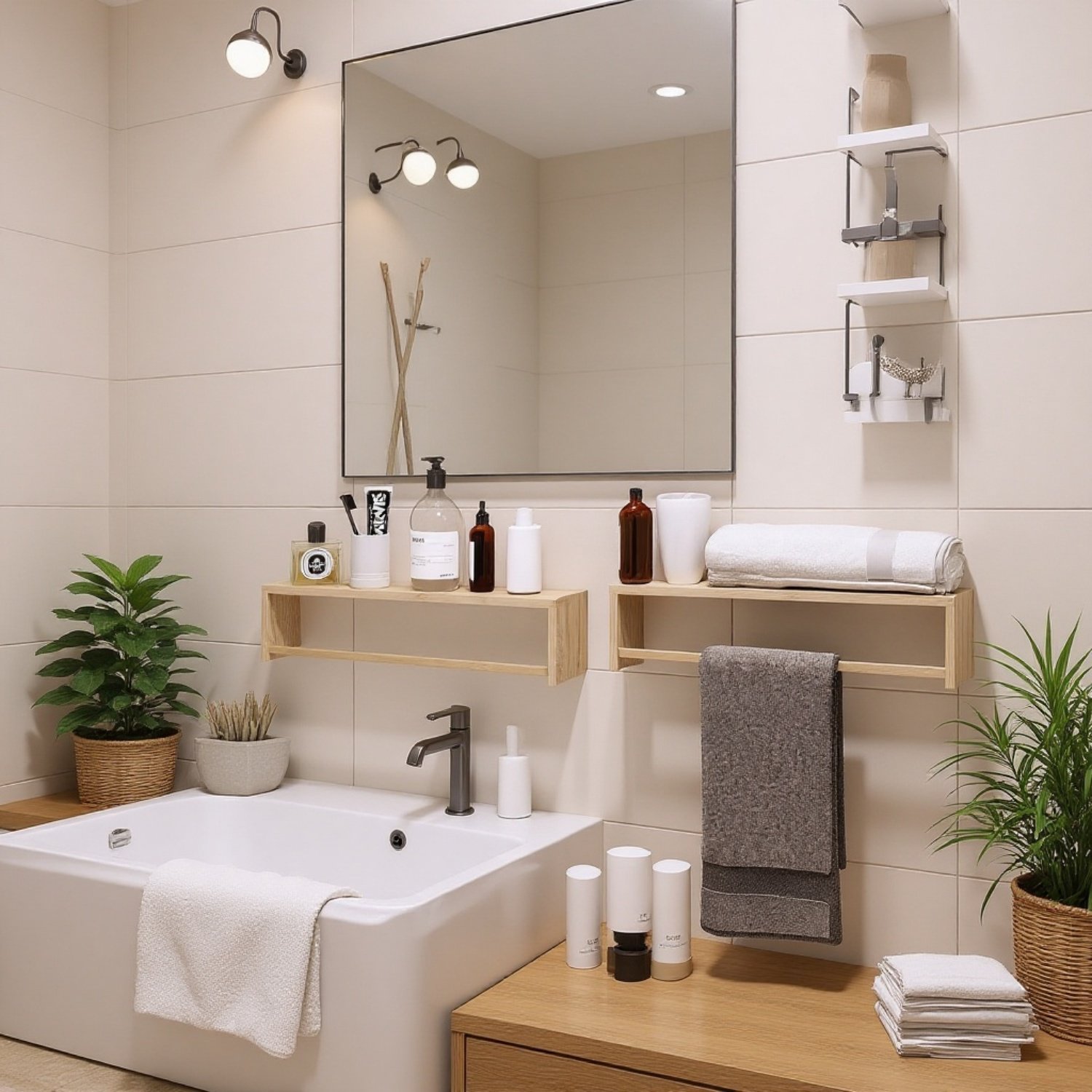 天然木製壁掛け収納棚 キッチン調味料ラック