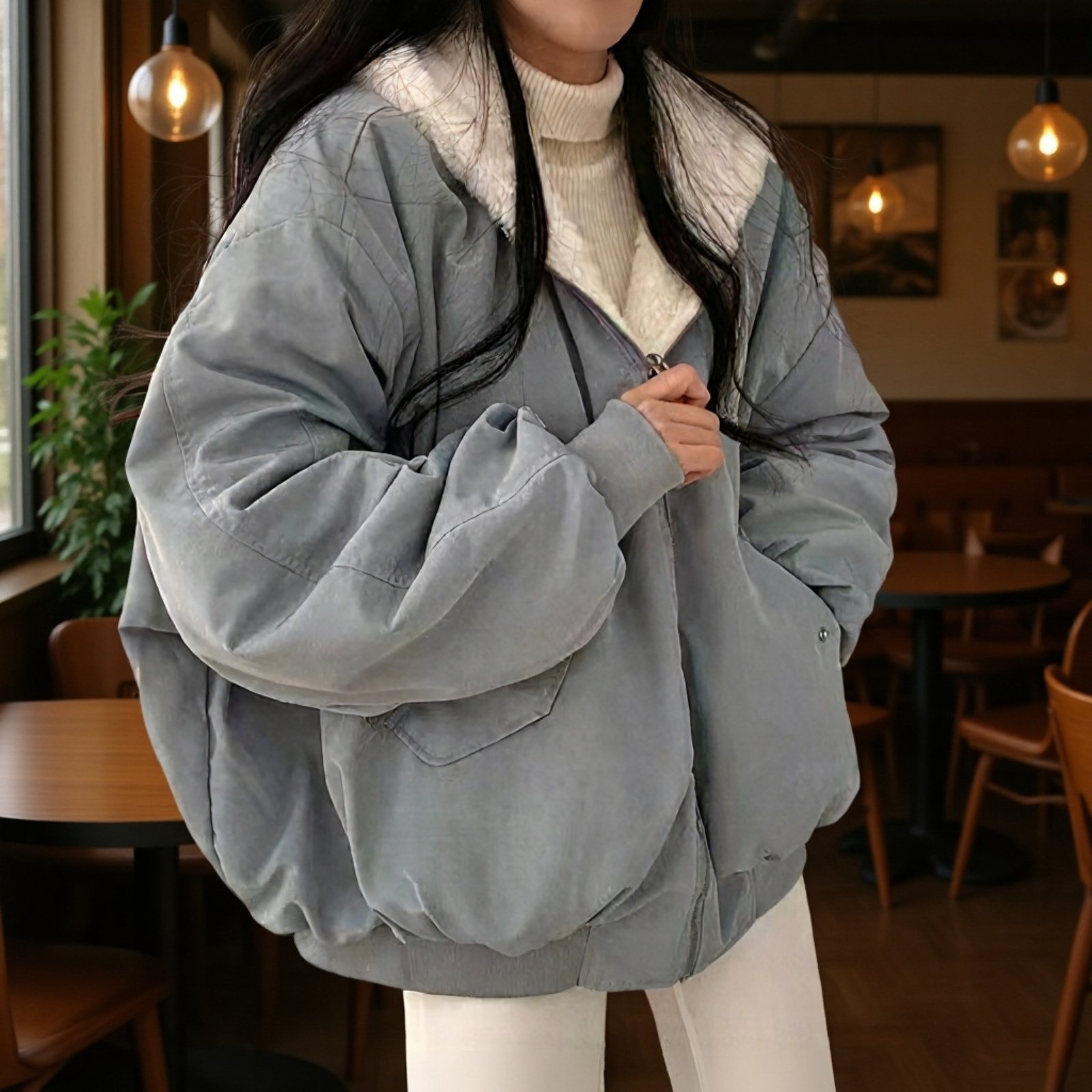 フード付き裏起毛厚手レディースコート全体画像