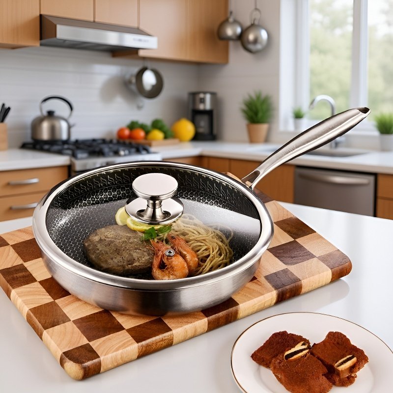 Batería de Cocina Antiadherente con Tapa, Acero Inoxidable 304, Diseño de Panal