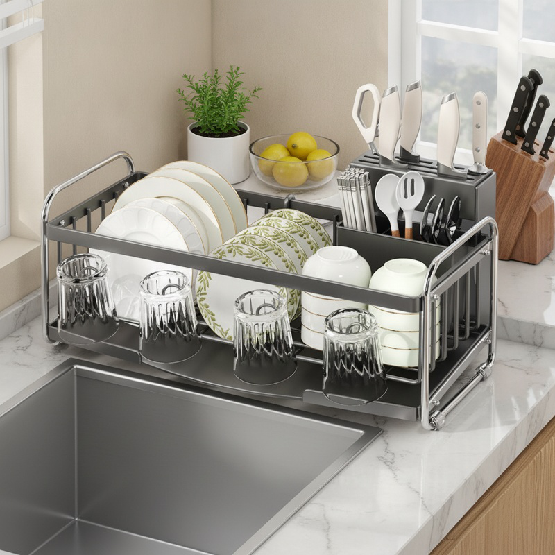 Multifunctional kitchen countertop drain rack with knife and chopstick holder