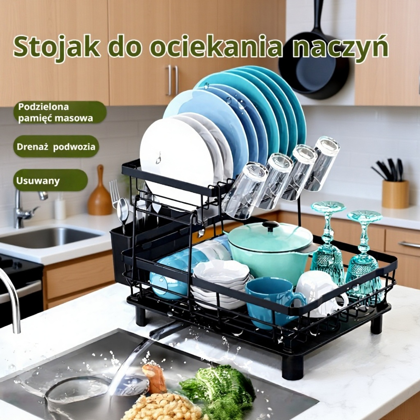 Dwupoziomowy zdejmowany stojak na suszenie naczyń z koszem