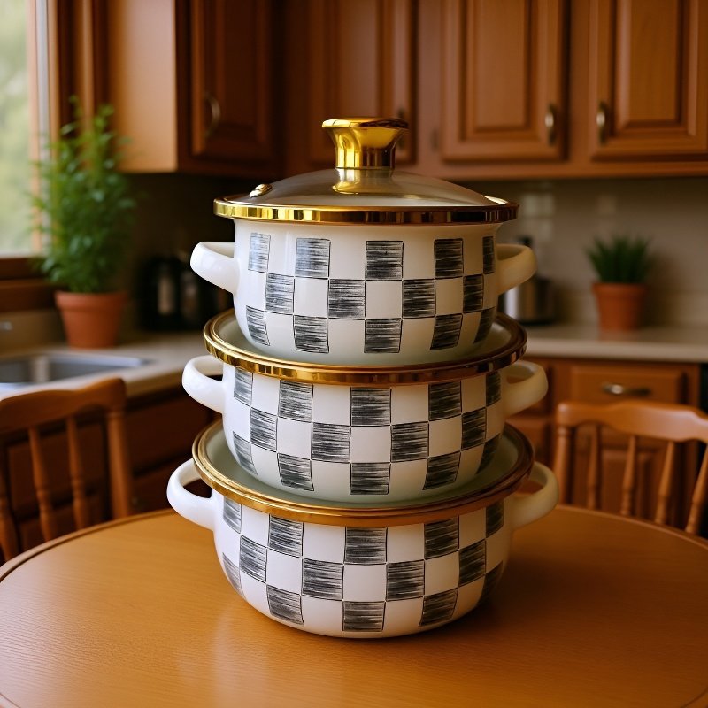 Enameled 3-piece instant noodle pot set, gray and white checkered flat bottom double handle instant 