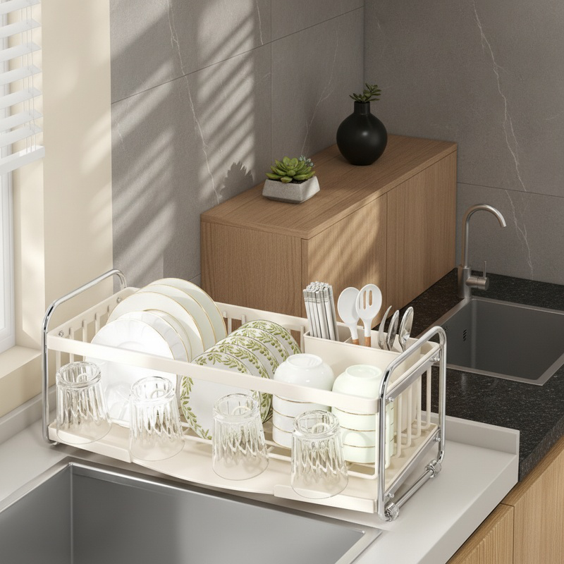 Space-saving dish drying rack for kitchen countertop