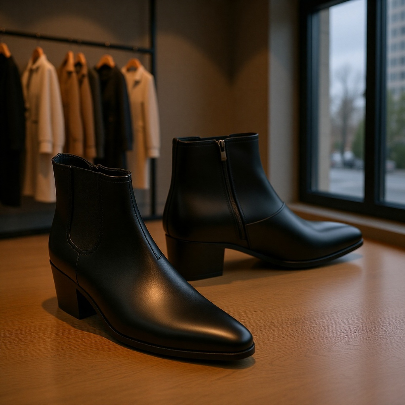 メンズ厚底チェルシーブーツ ファッションハイヒールショートブーツ スクエアトゥハイカットブーツ