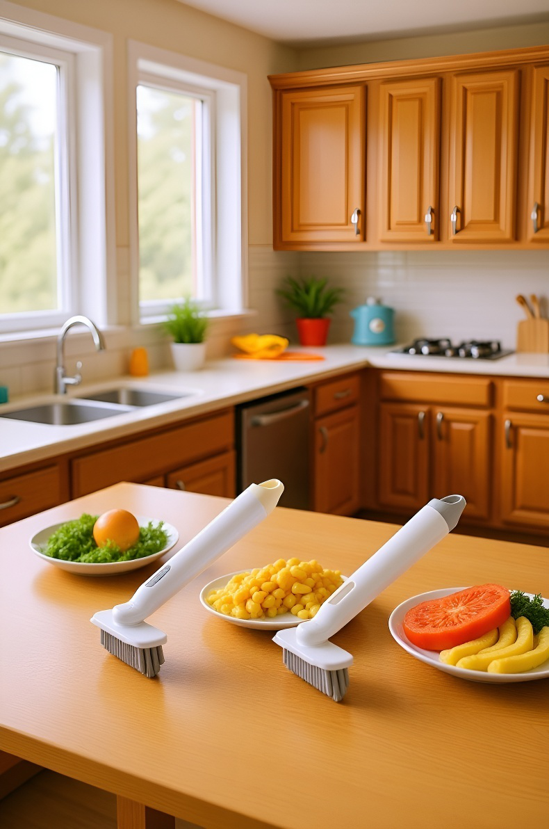 주방 바닥 타일 청소 브러쉬 사용 장면