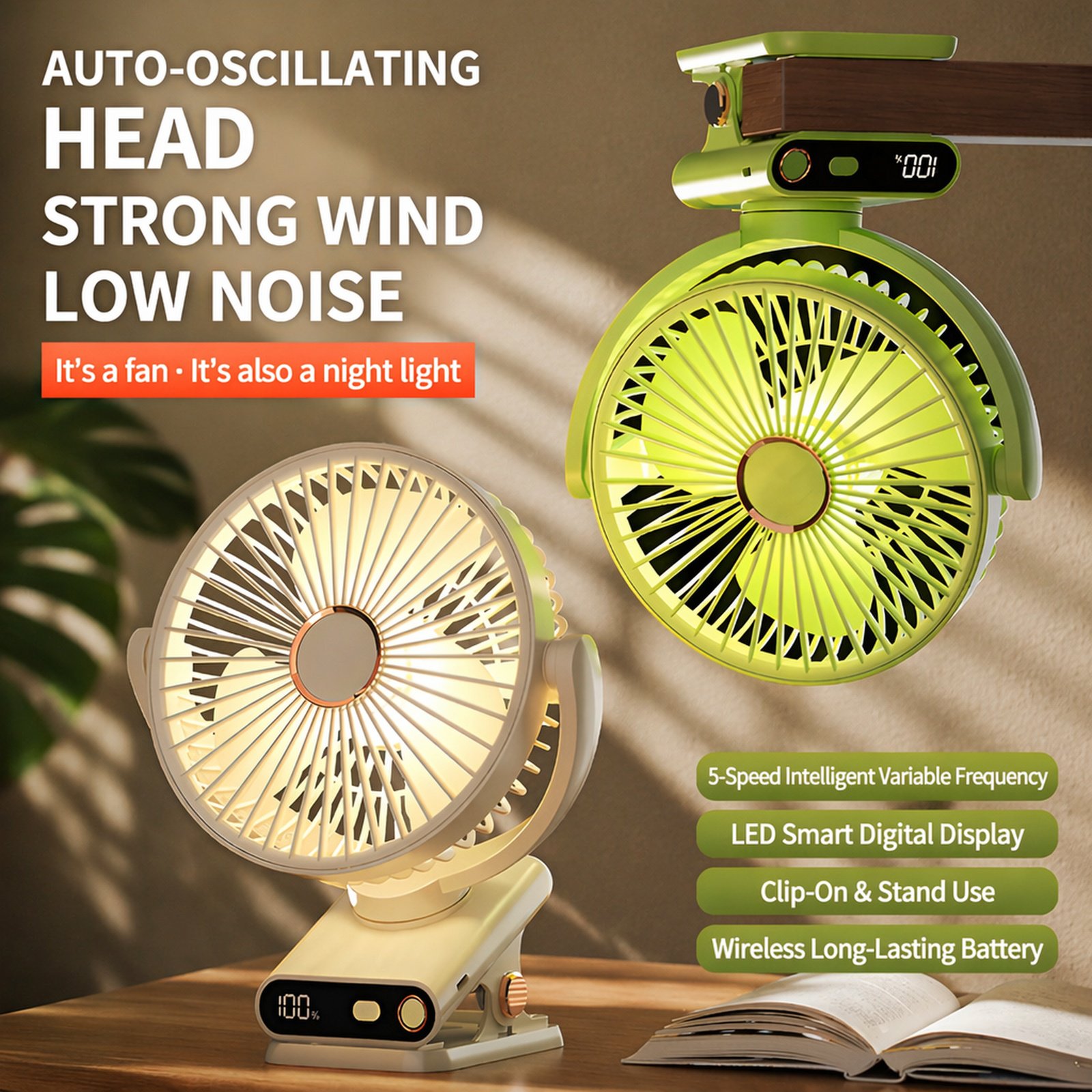 Portable USB Silent Clip-on Fan with Digital Display Night Light for Desktop and Home