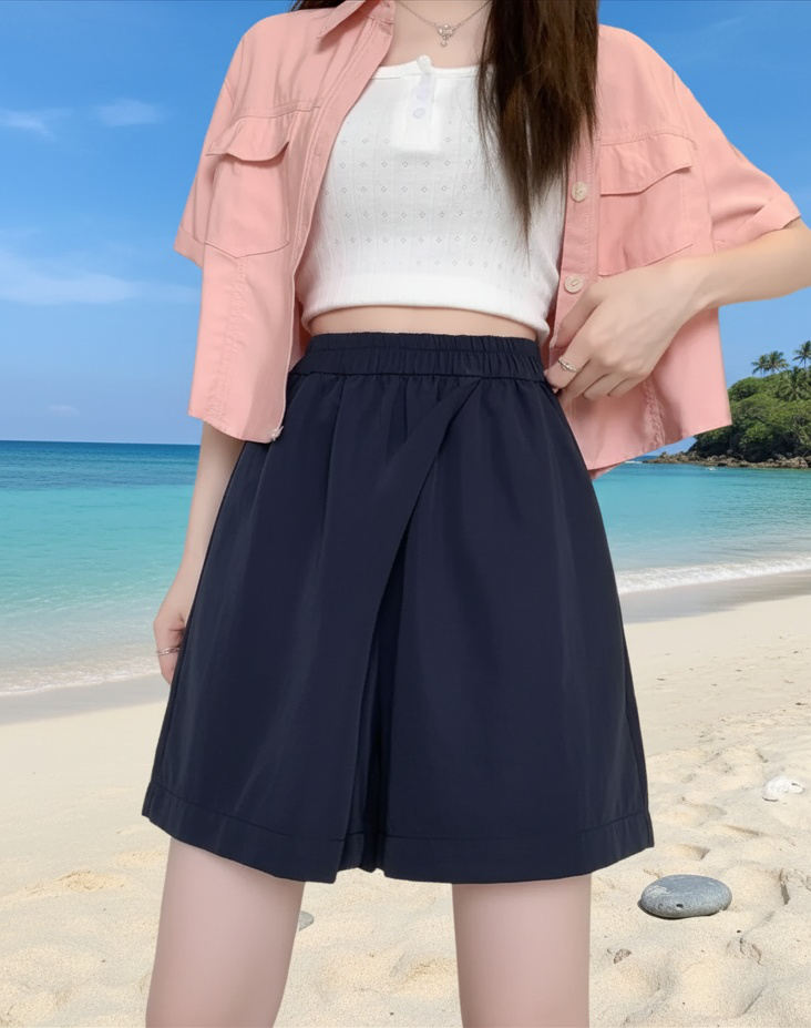 아이스 소재의 여성용 카고 치마바지 뒷모습