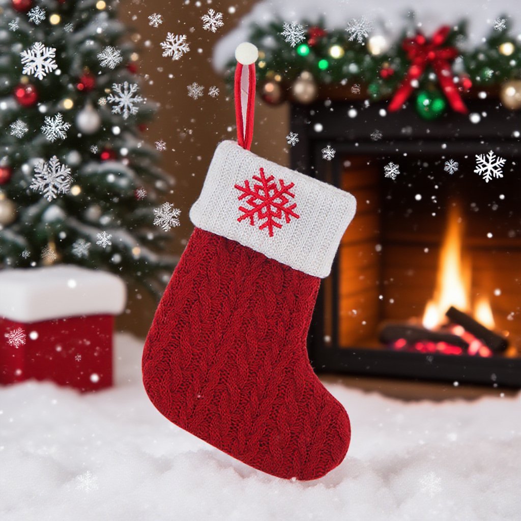 聖誕紅色毛線襪與禮物盒組合