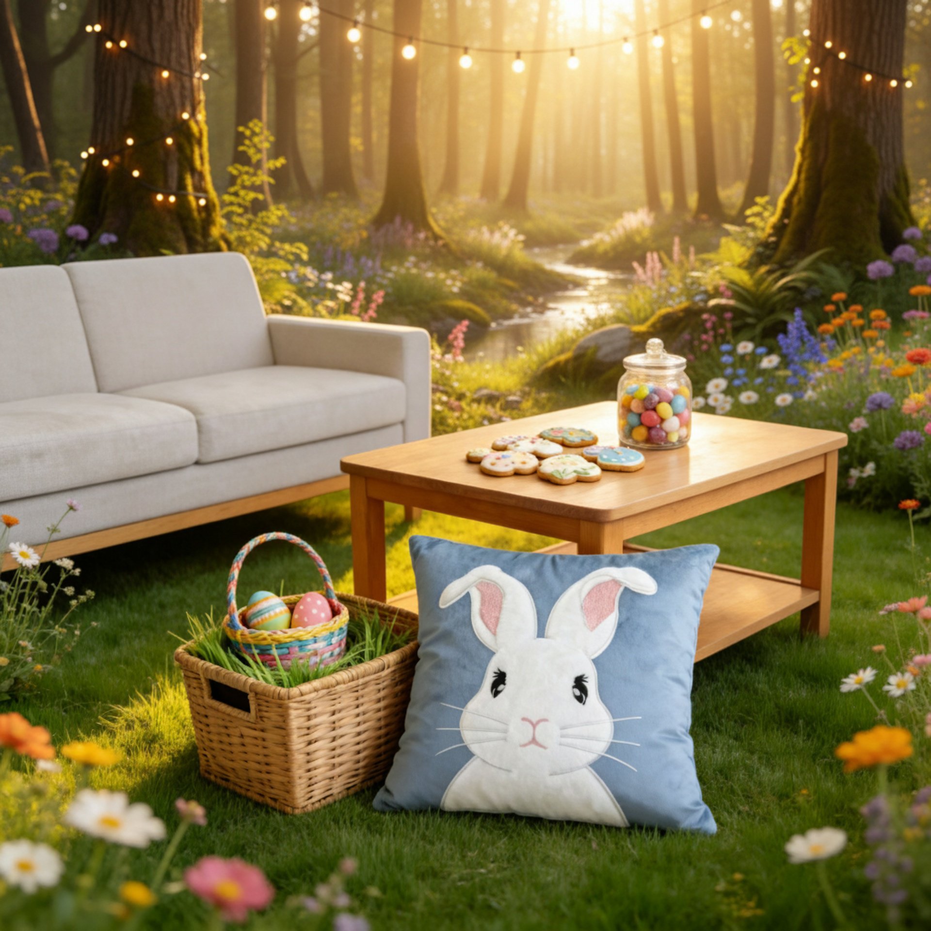 Cute Easter bunny embroidered pillow cover on sofa