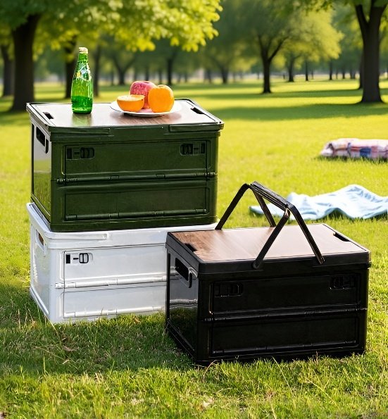 Foldable Wooden Tabletop & Plastic Basket Camping Storage Box