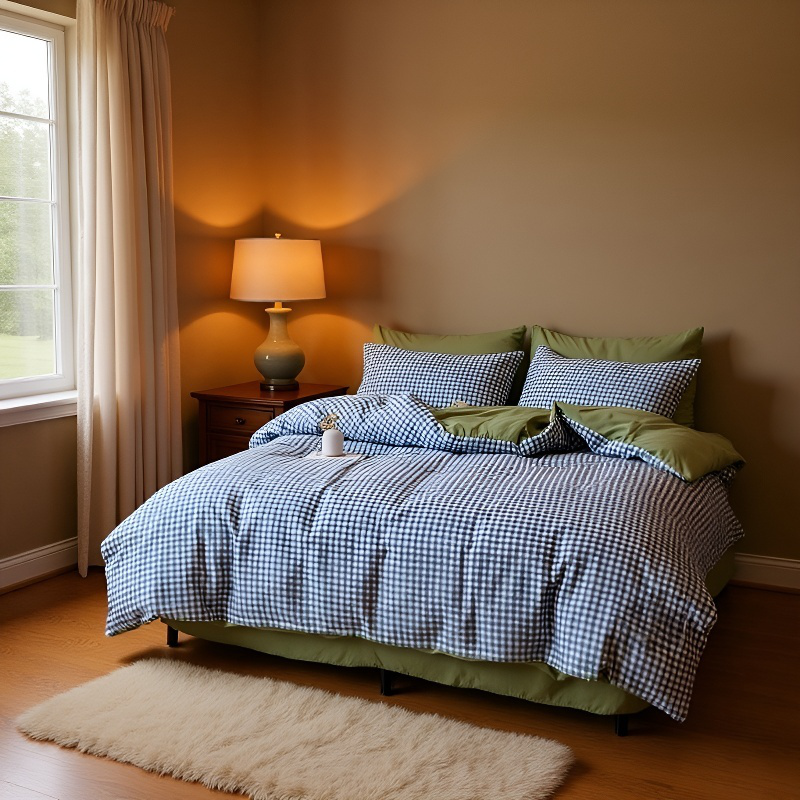 침구 순면 체크 시트 학생이 침대 시트를 측량하다 순면 체크 학생 침대 시트