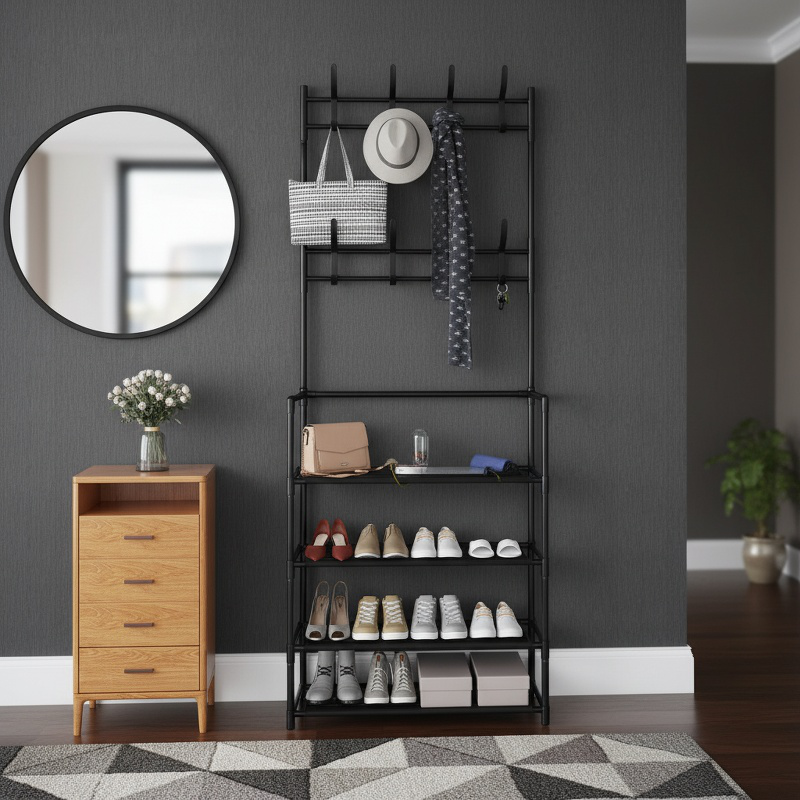 Simple clothes rack for hanging garments and storing shoes