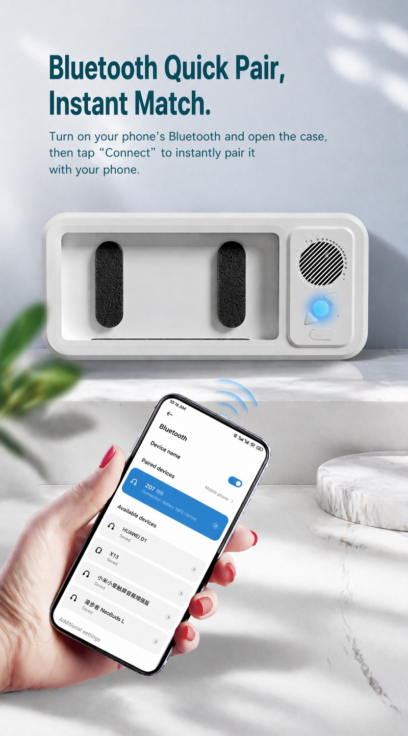 Wireless mini speaker streaming music in bathroom