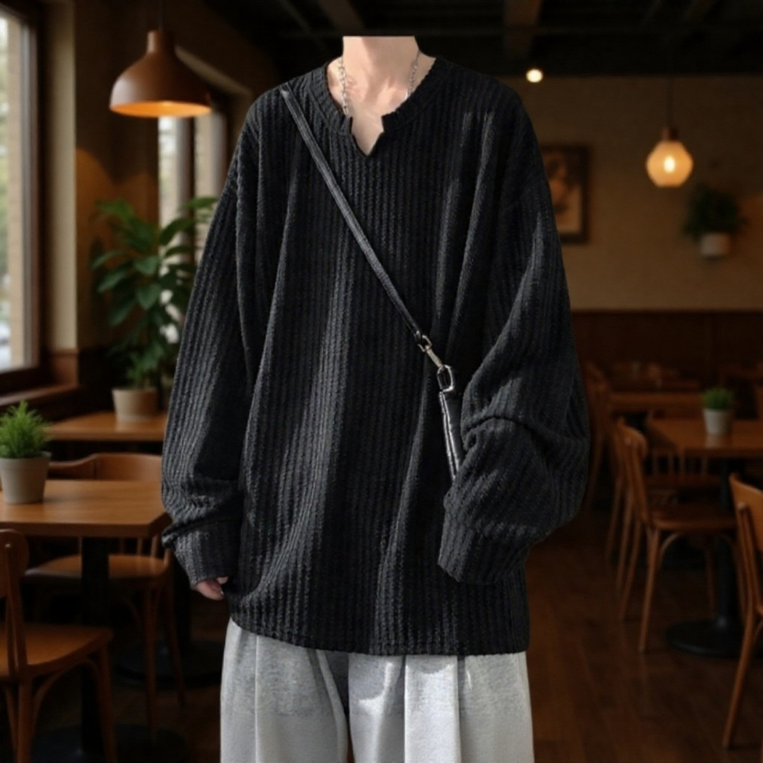 メンズ高級感長袖Tシャツ 2026新登場 痞帅スタイル ゆるめ 白インナー