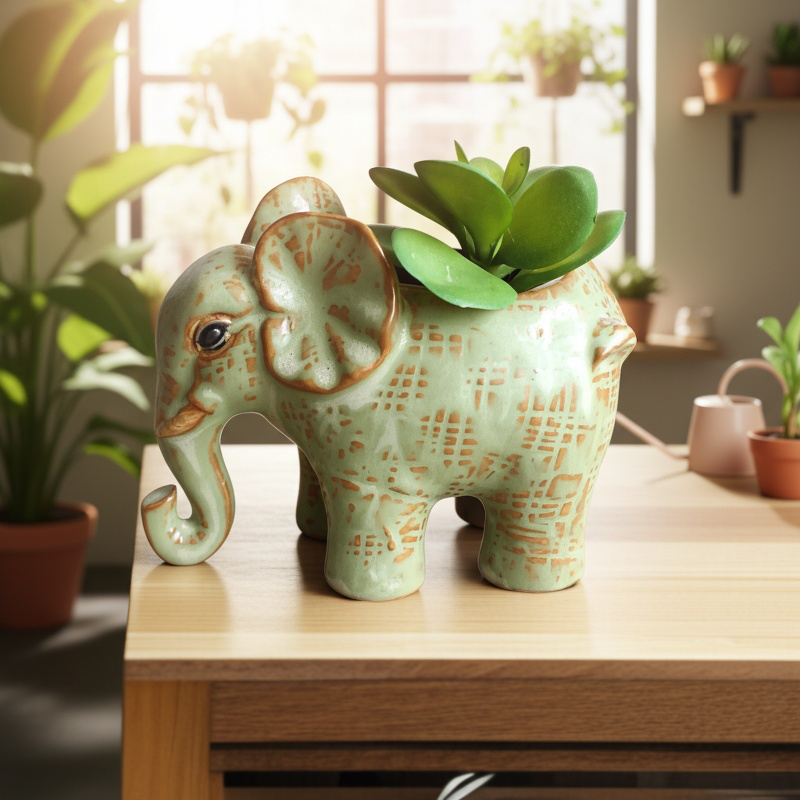 Decorative elephant ceramic pot holding small succulent