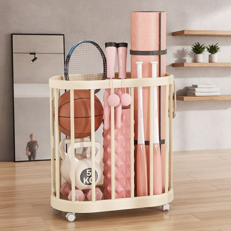 Home Fitness Equipment Storage Frame with Wheels Movable Yoga Mat Tool Storage Basket
