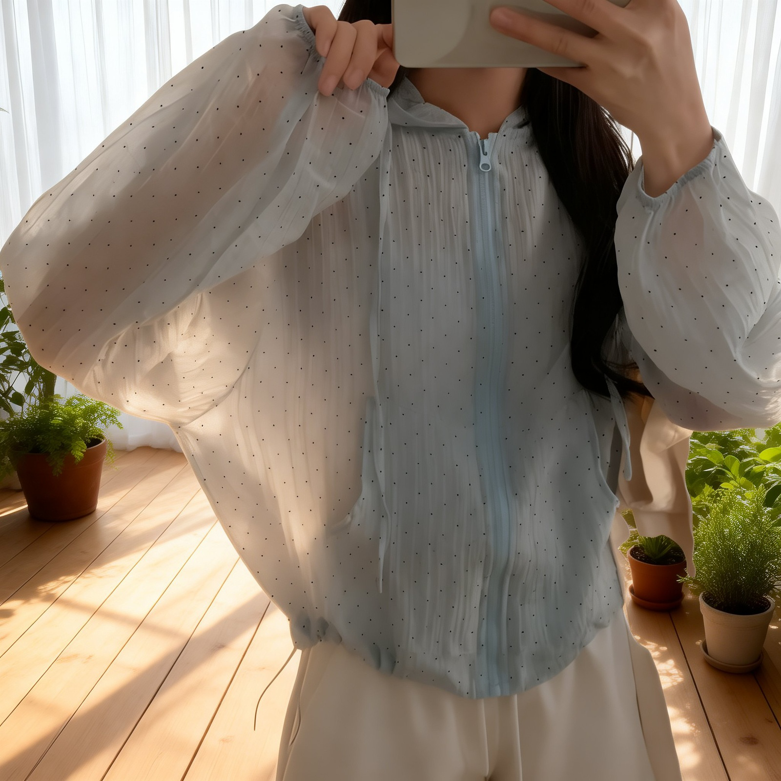 韓国風水玉模様のフード付き日焼け防止シャツ（女性用）