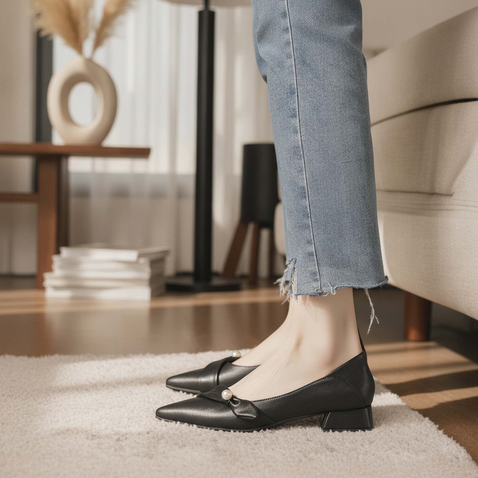 女性用ハイヒール、厚底ヒール、新しいフレンチスタイルのハイヒール、気質のある尖ったつま先ミディアムヒール、四季対応のソフトレザーハイヒール、快適な四季対応の靴