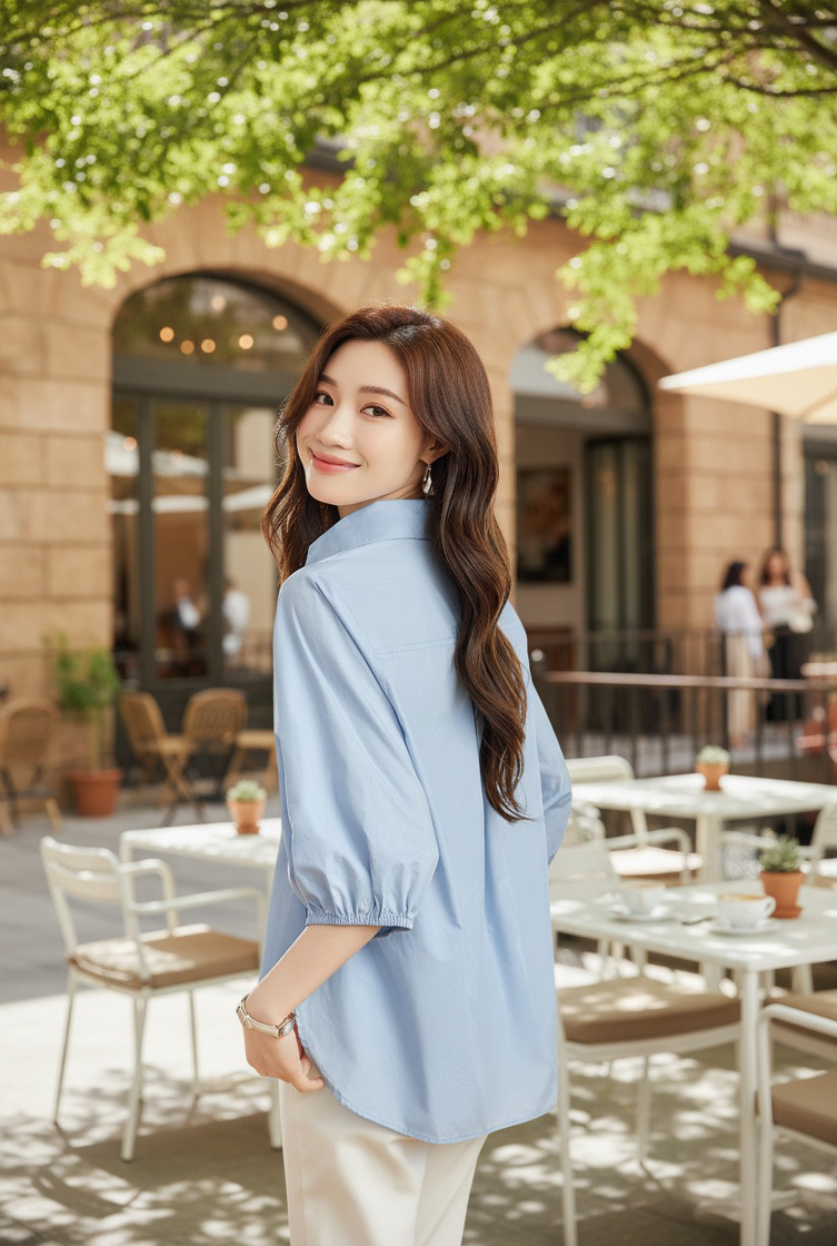 트렌디한 칠부 소매 여성 블라우스 착용 예시