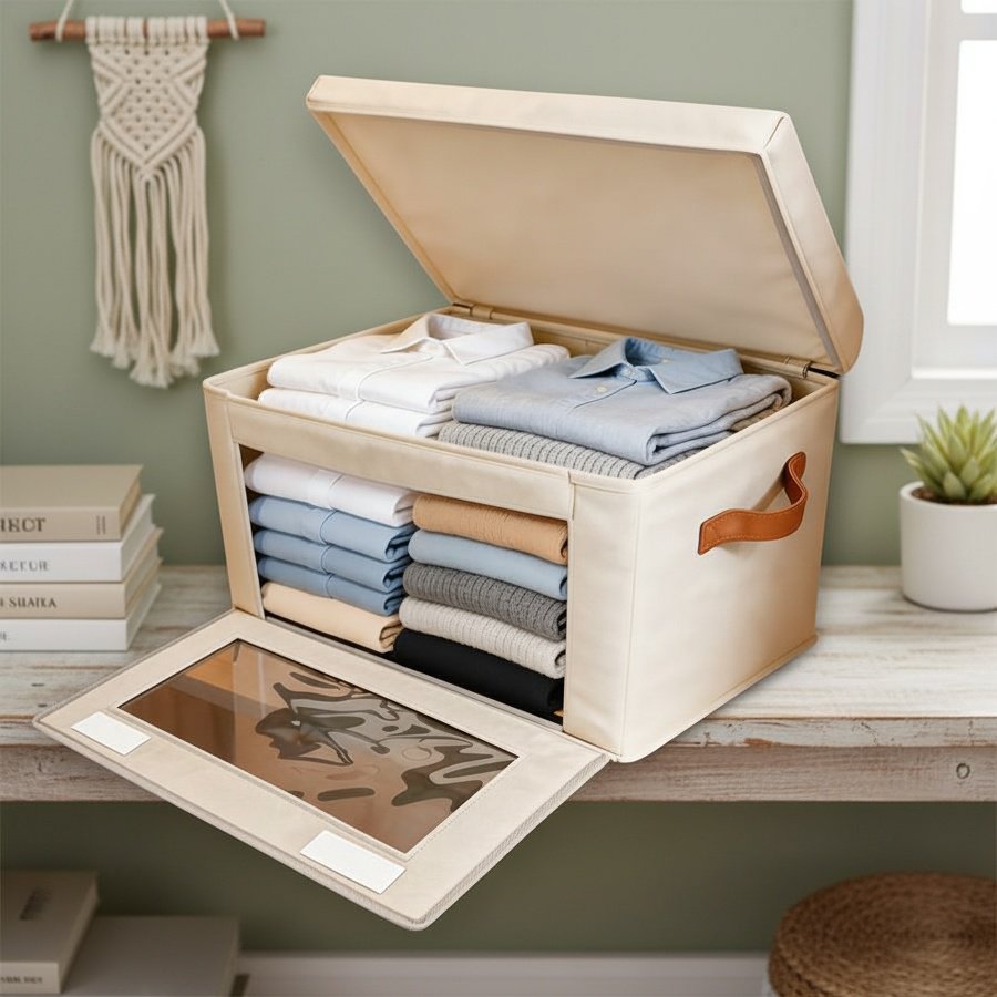 Space-saving wardrobe organizer box with handle
