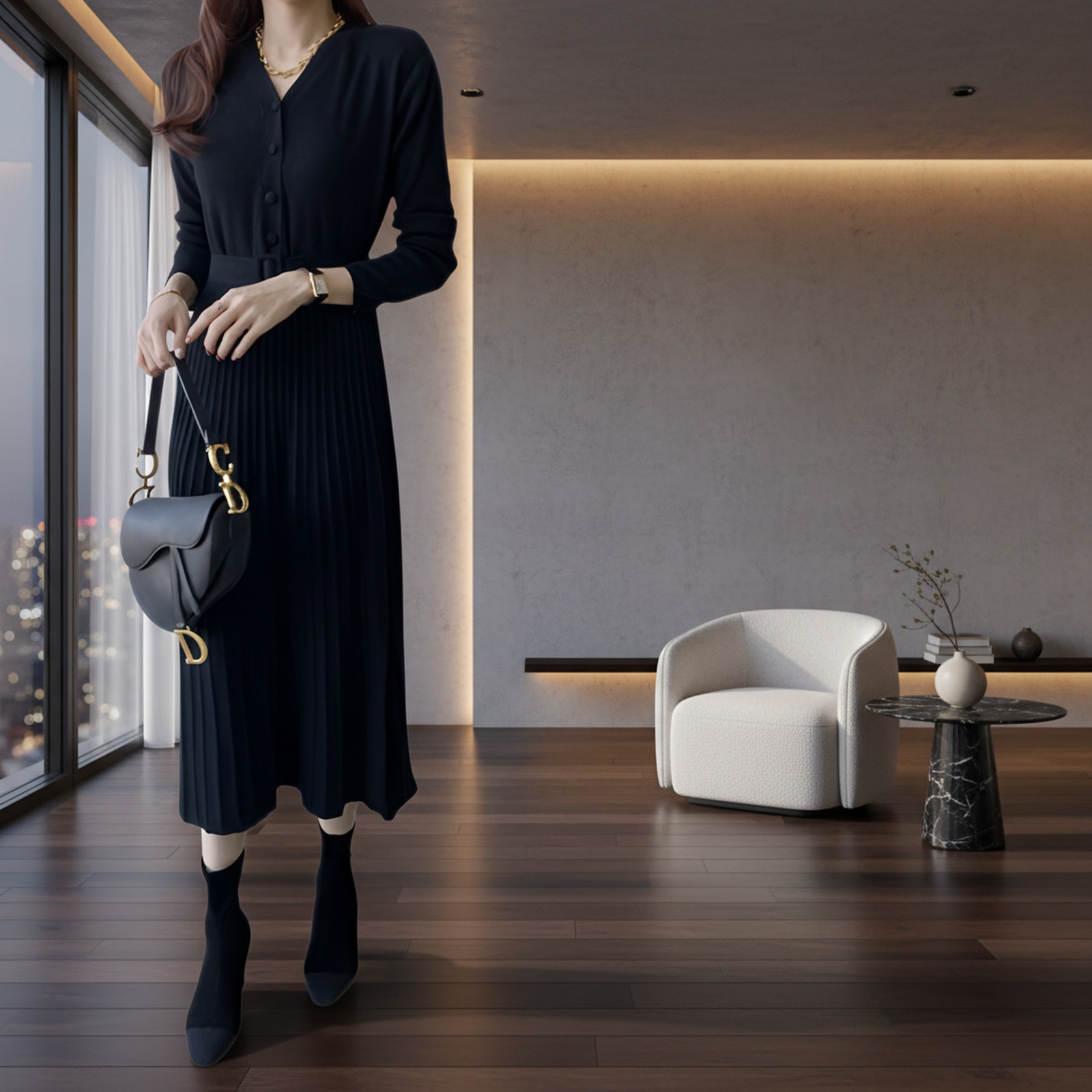 スリムVネックロングドレス、上品なフレアスカート