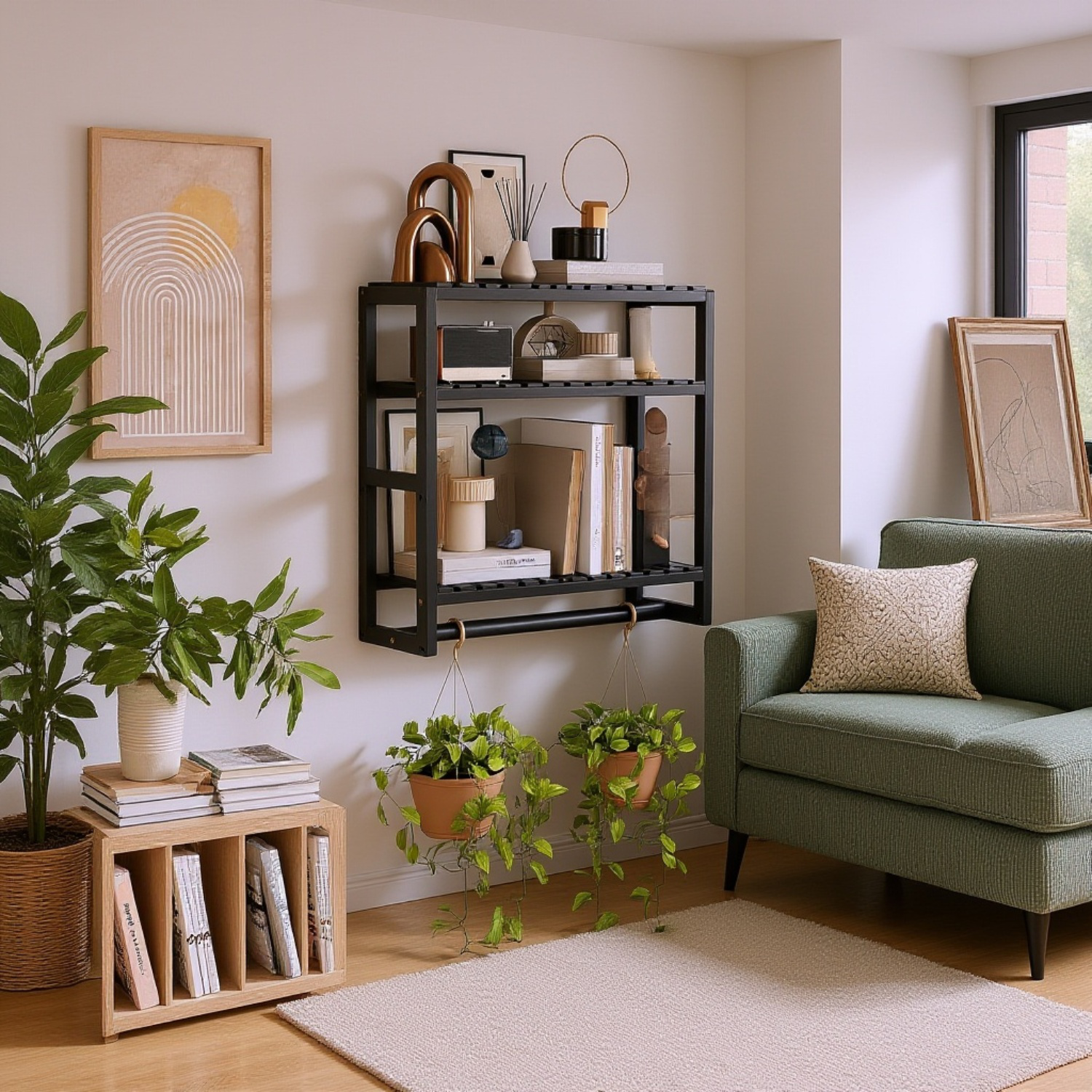 Nástěnný úložný regál do koupelny z masivního dřeva, vhodný pro kolej, kuchyň a chodbu