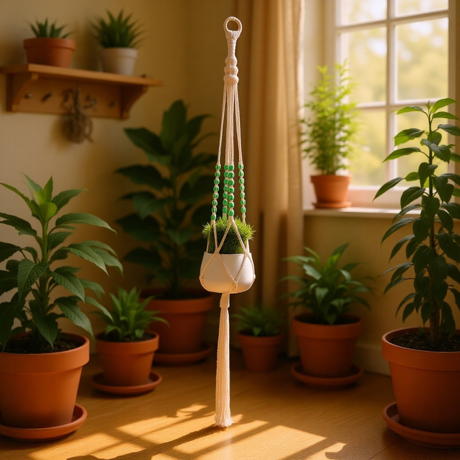 Přírodní ručně tkaný závěsný květináč s květinou