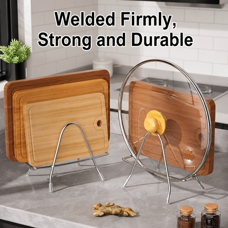 Stainless steel cutting board rack and pot lid holder for kitchen use - durable and space-saving.