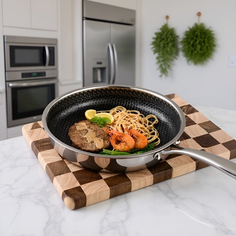 Batería de Cocina Antiadherente con Tapa, Acero Inoxidable 304, Diseño de Panal