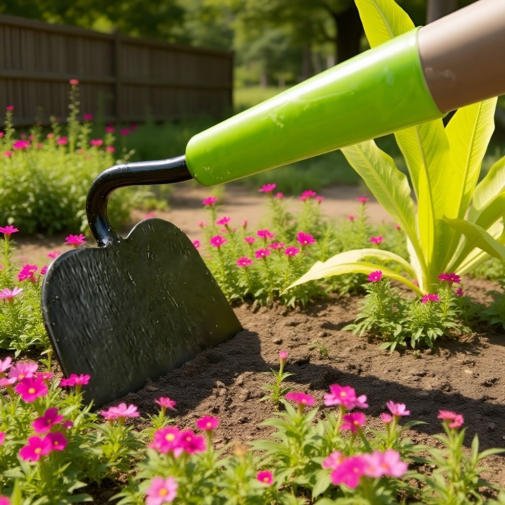 Magyar: Egyedi logóval ellátott, kovácsolt kerti gyomirtó kapa fa nyéllel