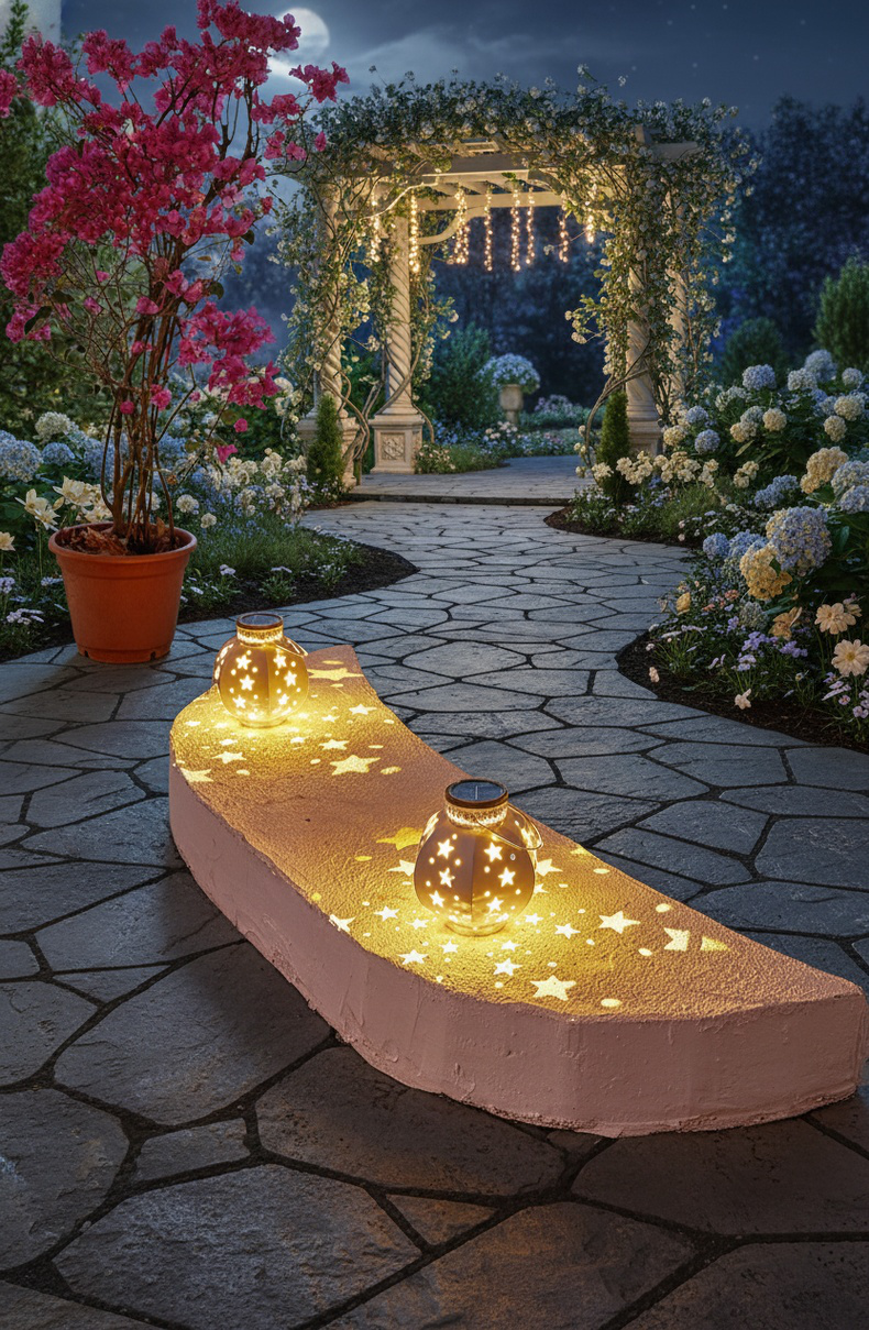 LED芝生ライト鉄五芒星ライトの屋外設置例