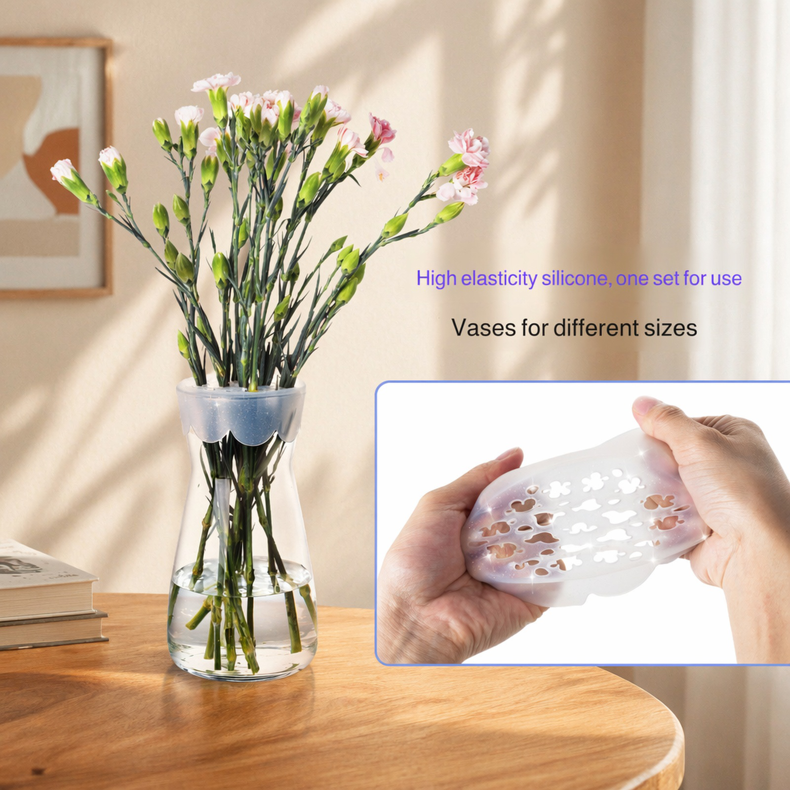 Reusable silicone bouquet holder securing fresh flowers