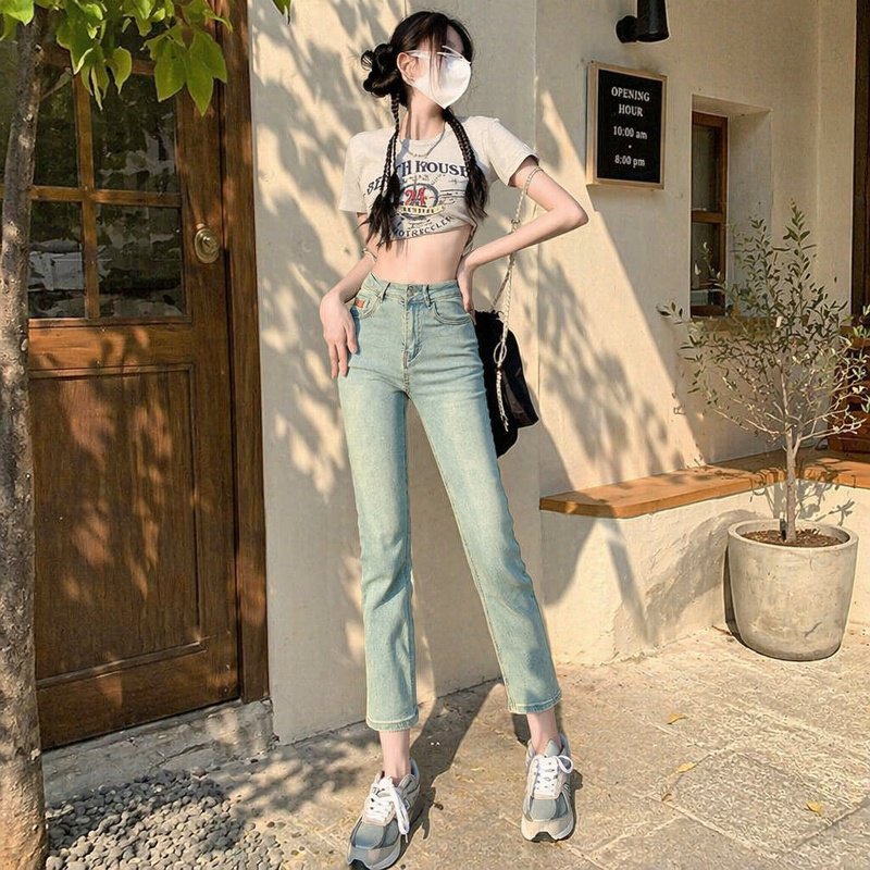 봄여름 여자 키 작은 9부 일자 청바지 빈티지 슬림 스판 스모크 진
