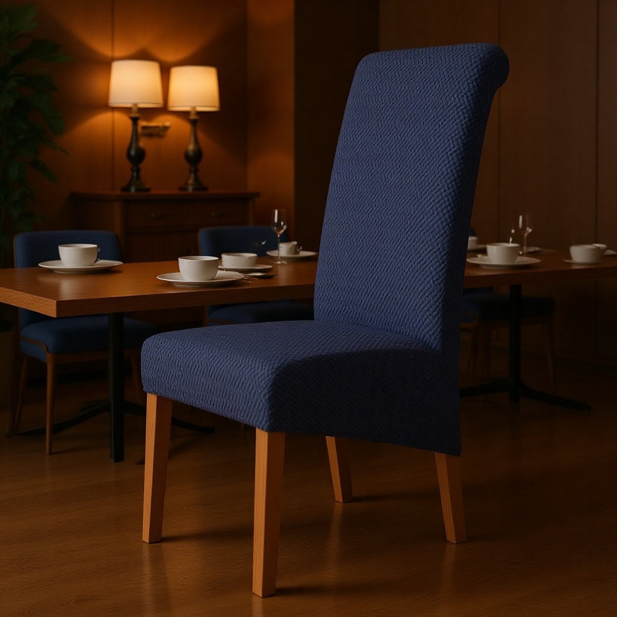 Chaise de salle à manger en tissu jacquard extensible, dossier haut, pour hôtel