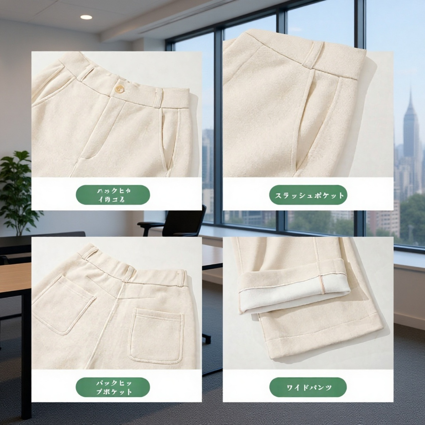 ハイウエスト美脚裏起毛厚手ストレートスーツワイドパンツ レディース