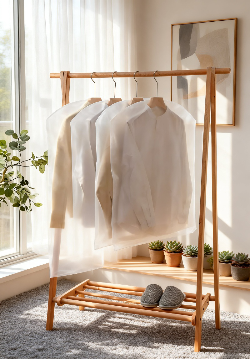 クローゼットにかけた防塵衣類カバー