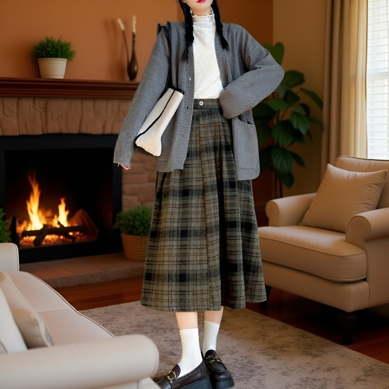 키 작은 가을 겨울 하이웨스트 모직 스커트 미디 체크 우산 스커트