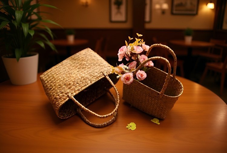 Koš z mořské trávy s květinovou aranžmá