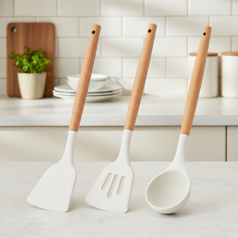 Non-stick silicone kitchen tools with ergonomic wooden handles