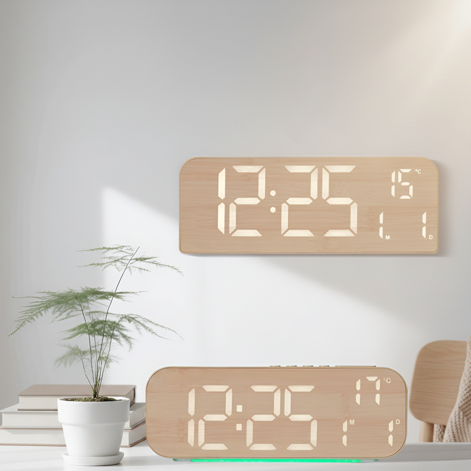 LED-Tischuhr mit Holzmaserung im nordischen Stil, Stoffoptik, Anzeige von Datum und Wochentag