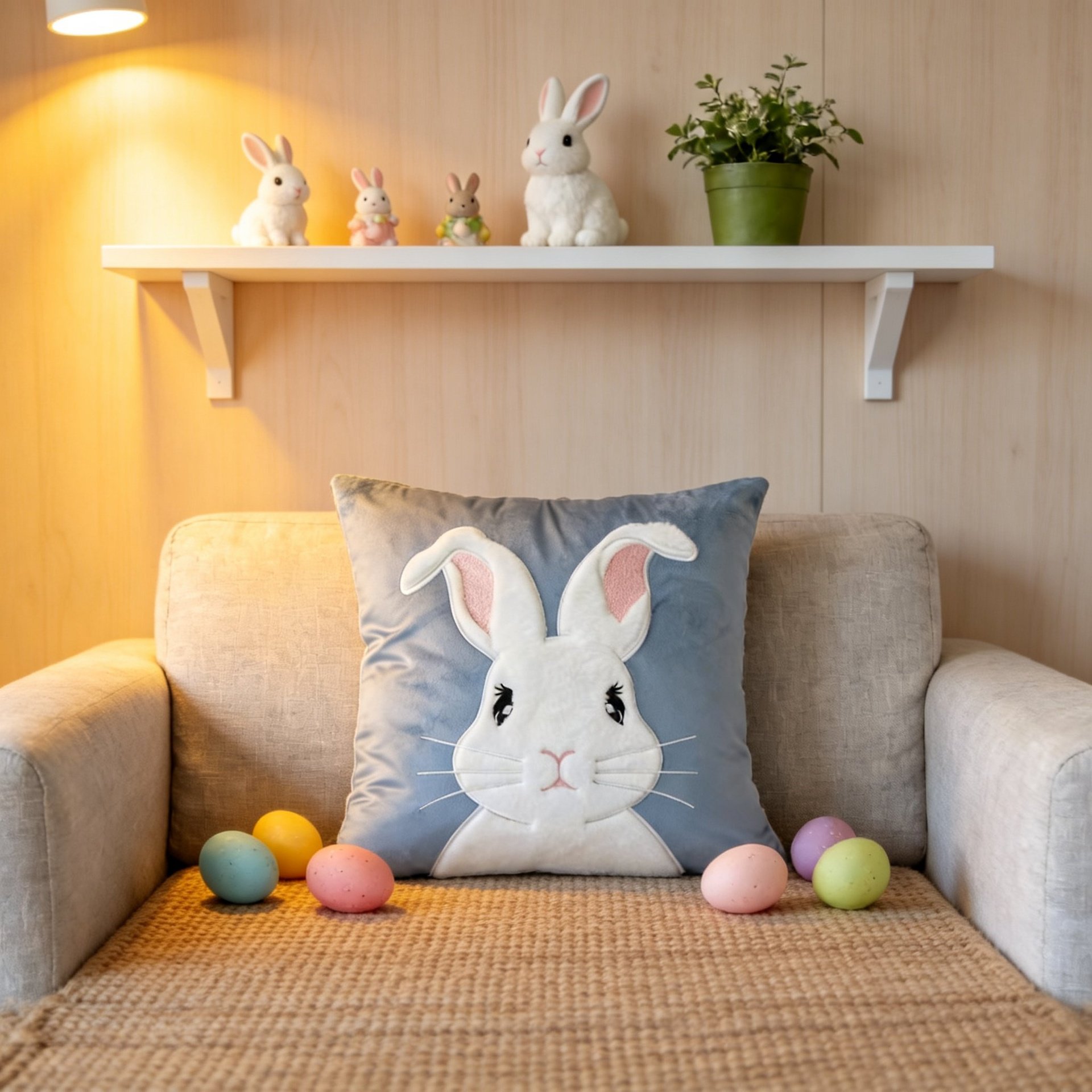 Holiday sofa cushion with bunny print pillow cover